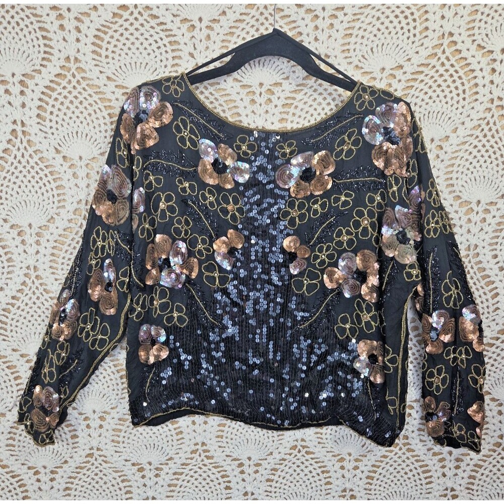 VTG Jean for Joseph Le Bon MEDIUM Silk Floral Beaded Evening Sequin Blouse Top